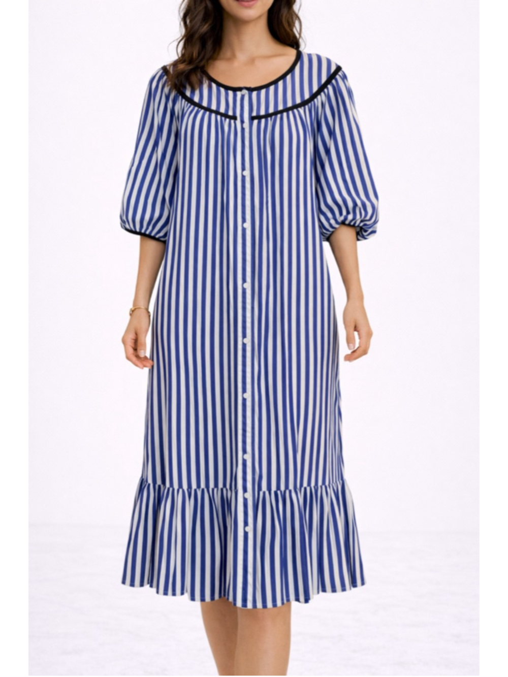 Batsheva Blue White Stripe Cotton Midi Dress One Size Ruffle Hem Puff Sleeve OS